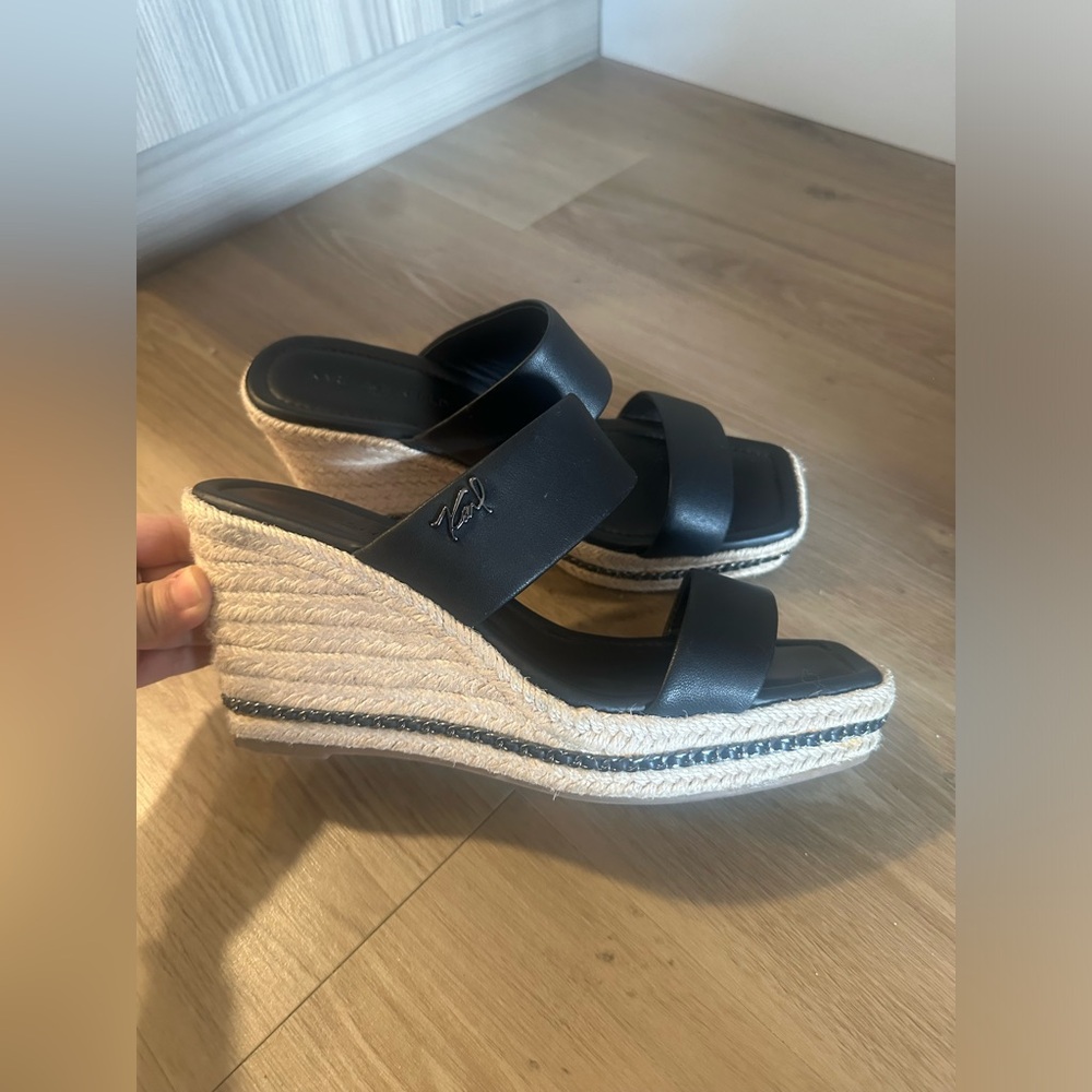 Karl Lagerfeld Black Wedge Sandals with Espadrille Detail